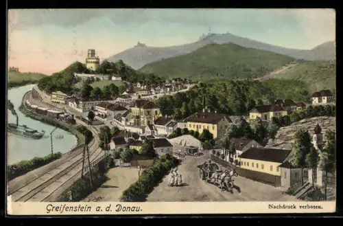 Künstler-AK Greifenstein a. d. Donau, Panorama mit Schloss und Donauufer