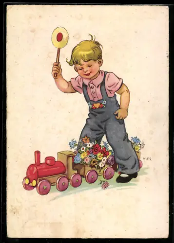 AK Kleiner Junge mit Spielzeugeisenbahn