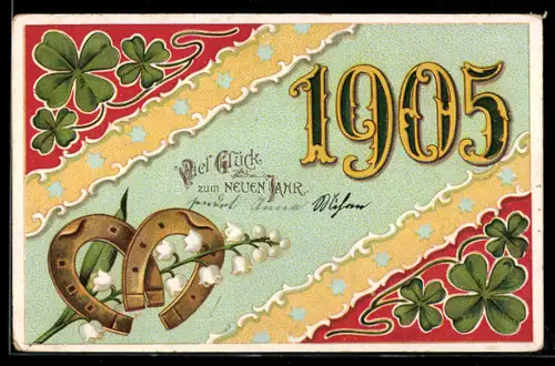 AK Jahreszahl 1905 mit Kleeblättern, Hufeisen und Maiglöckchen