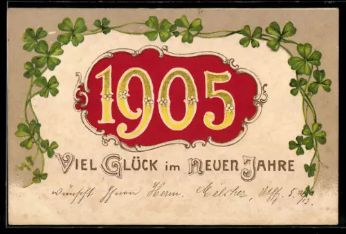 AK Jahreszahl 1905 auf rotem Hintergrund mit Kleeblattgirlanden