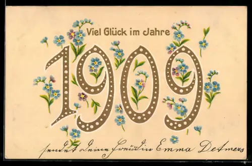 AK Viel Glück im Jahre 1909 mit schönen Blumen