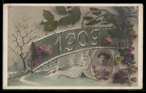AK Jahreszahl 1909 mit Portrait einer Frau, Stechpalmenzweigen und winterlicher Landschaft
