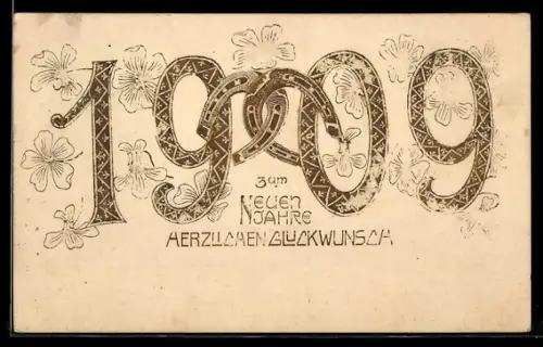 AK Jahreszahl 1909 in goldenen Zahlen und mit Hufeisen