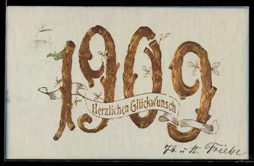 AK Jahreszahl 1909 in goldenen Zahlen und Astform