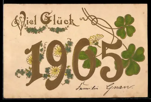 AK Jahreszahl 1905 in goldenen Zahlen mit Vergissmeinnicht und Kleeblättern