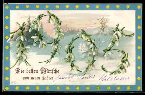 AK Winterlandschaft und Jahreszahl mit Blumen, Neujahrsgruss 1905