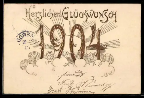 AK Jahreszahl 1904 in goldenen Zahlen mit aufgehender Sonne