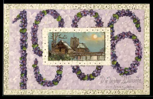 AK Jahreszahl 1906 aus Veilchen mit Ortspartie mit Kirche bei Nacht
