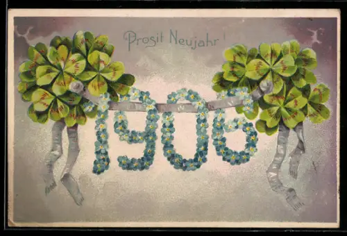AK Jahreszahl 1906 aus Vergissmeinnicht und mit Kleeblättern verziert