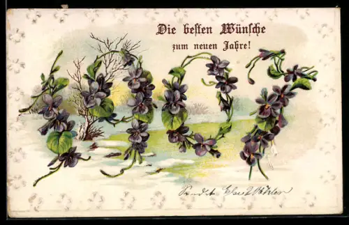 AK Jahreszahl 1907 aus Veilchen vor einer verschneiten Ortspartie