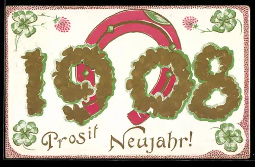 AK Jahreszahl 1908 mit Hufeisen und Glücksklee