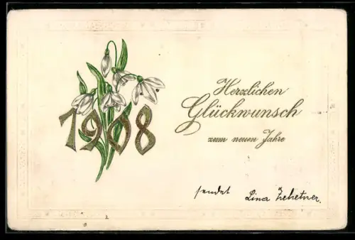AK Jahreszahl 1908 in goldenen Zahlen mit Blumen verziert