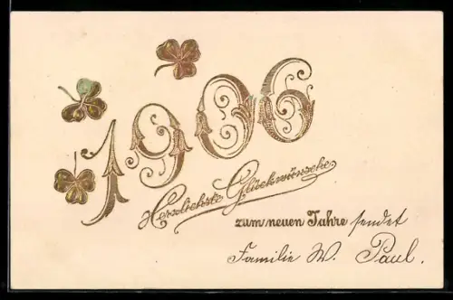 AK Jahreszahl 1906 in goldenen Zahlen und mit Kleeblättern