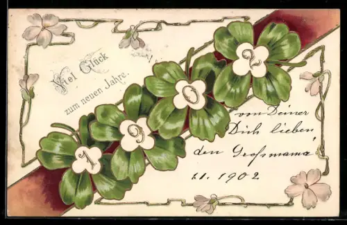 AK Jahreszahl 1902 im Zentrum von Kleeblättern, Neujahrsgruss
