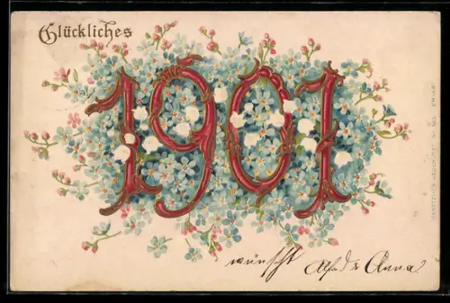 Lithographie Jahreszahl 1901 mit Maiglöckchen und Vergissmeinnicht, Glückliches 1901