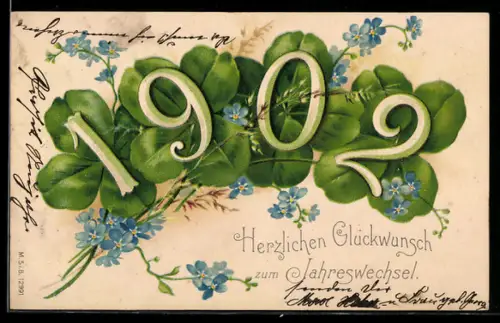Lithographie Glückwunsch zum Jahreswechsel 1902, Jahreszahl und Kleeblätter