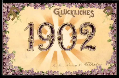AK Jahreszahl 1902 von Blumen umgeben vor einer aufgehenden Sonne