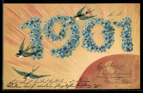 AK Bonne Année 1901, Neujahrsgruss, Jahreszahl aus Blumen mit Schwalben