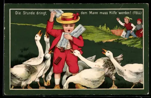AK Junge mit Tell-Chocolade wird von Gänsen bedrängt, Kakao