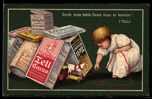 AK Kind mit Spielzeugpferd und Tell-Cacao Verpackungen, Kakao