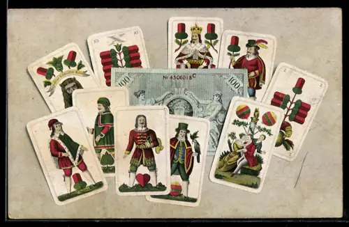 AK Spielkarten von einem deutschen Kartenspiel und Geldschein über 100 Reichsmark