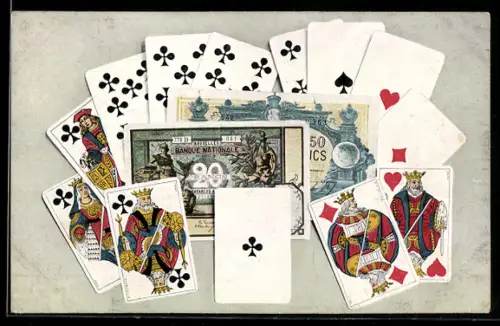 AK Spielkarten um Francs-Scheine angeordnet