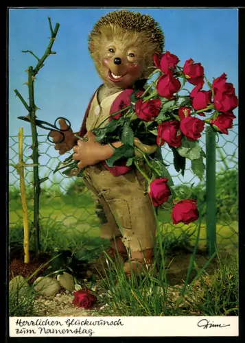 AK Igel Mecki schneidet die Rosen im Garten