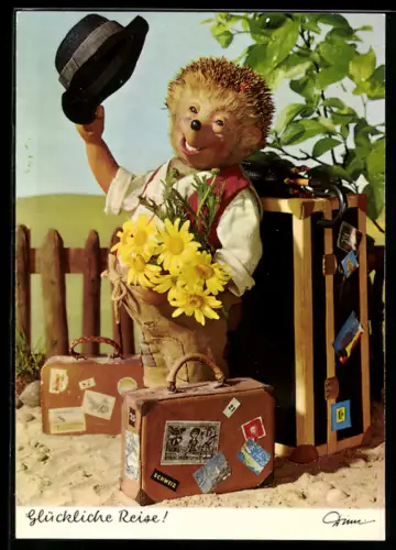 AK Igel Mecki mit Koffern geht auf die Reise