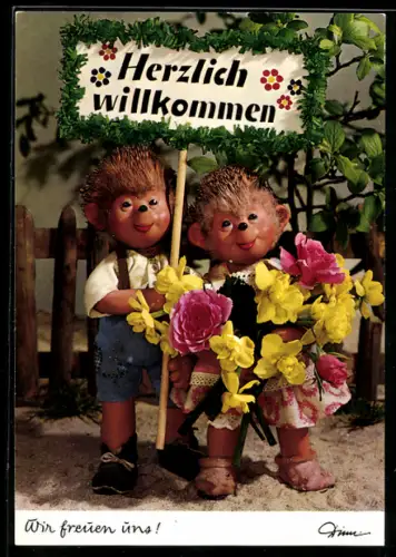 AK Mecki`s Kinder mit einem Herzlich Willkommen-Schild erwarten den Besuch