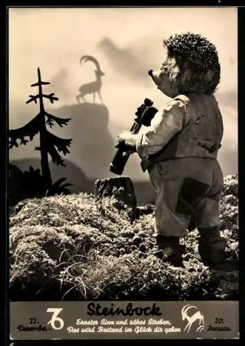 AK Sternzeichen Steinbock, Mecki beobachtet mit Fernrohr einen Steinbock auf dem Berggipfel