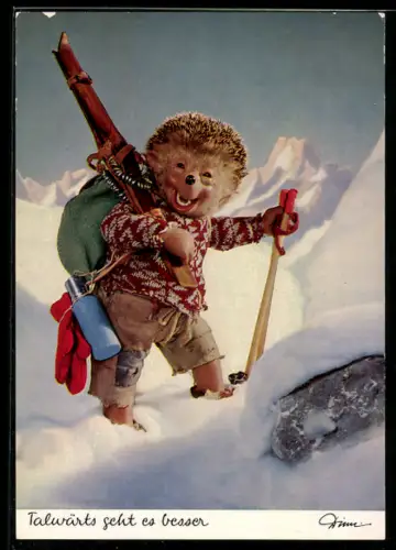 AK Mecki wandert mit seinen Skiern auf der Schulter bergauf, Talwärts geht es besser