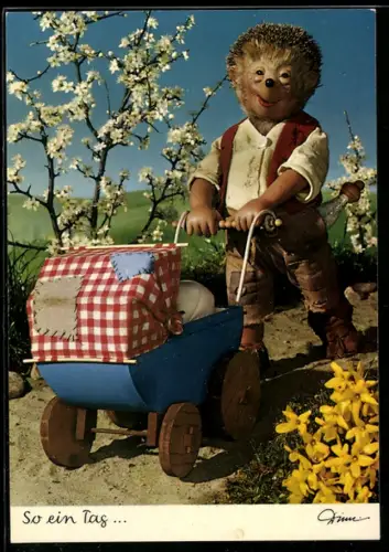 AK Mecki schiebt einen Kinderwagen im Frühling