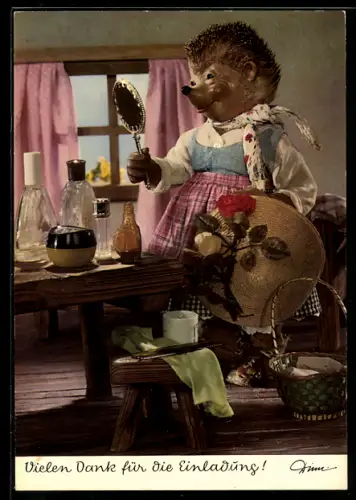 AK Vielen Dank für die Einladung, Micki mit Handspiegel hat sich rausgeputzt