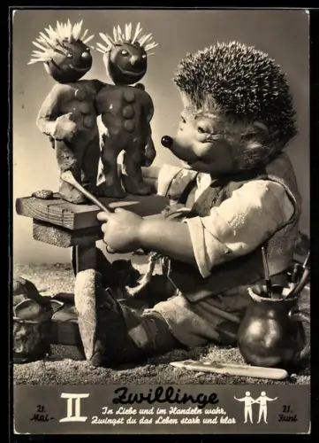 AK Igel Mecki mit Zwillings-Knetmännchen