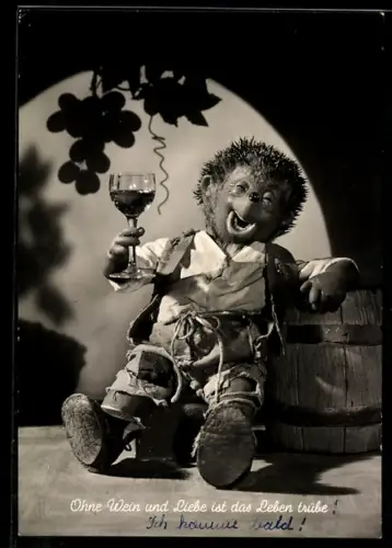 AK Ohne Wein und Liebe ist das Leben trübe, Mecki mit Weinglas an einem Fass lehnend