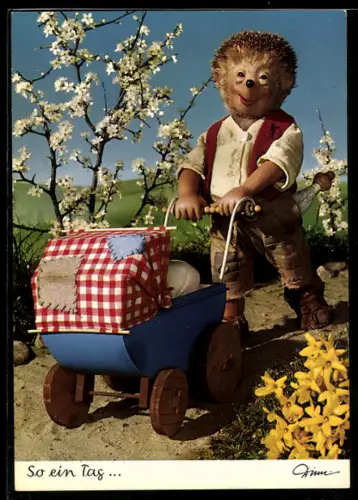 AK Mecki schiebt einen Kinderwagen im Frühling