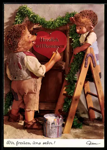 AK Mecki mit Sohn auf Leiter bringen Schild Herzlich willkommen an der Tür an