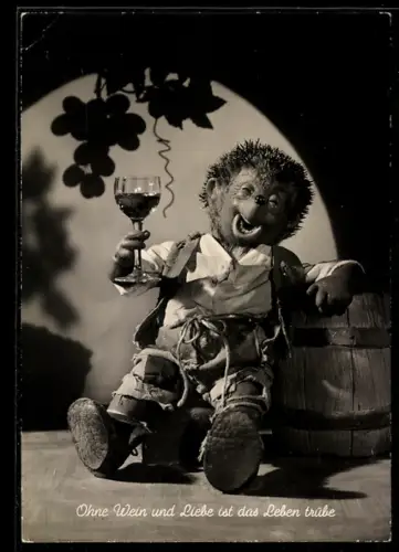 AK Ohne Wein und Liebe ist das Leben trübe, Mecki mit einem Glas Wein