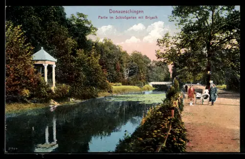 AK Donaueschingen, Partie im Schlossgarten mit Brigach