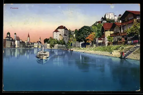 AK Passau, Flussansicht mit Altstadt