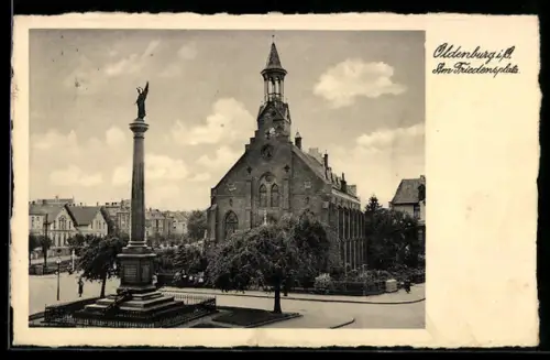 AK Oldenburg i. O., Friedenssäule und Kirche am Friedensplatz