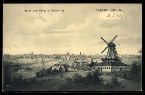 Künstler-AK Oldenburg i. Gr., Windmühle, Hafen und historische Ortsansicht