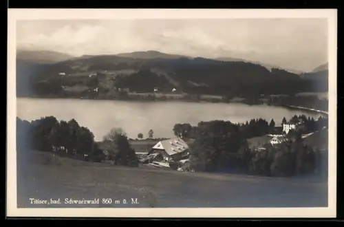 AK Titisee /Schwarzwald, Seeansicht mit umliegenden Gebäuden und Landschaft