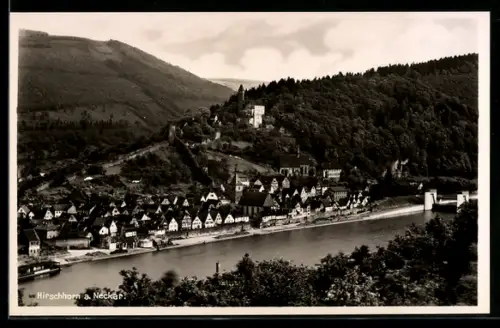 AK Hirschhorn a. Neckar, Stadtansicht mit Schloss und Neckarufer