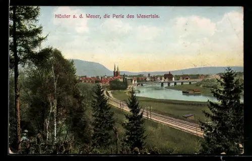 AK Höxter a. d. Weser, Blick auf Stadt, Weserbrücke, Bahnschienen