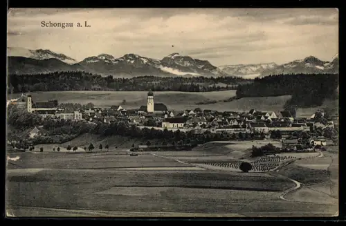 AK Schongau a. L., Panorama mit Stadtansicht und Alpen im Hintergrund