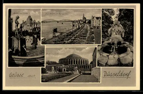 AK Düsseldorf, Kinderbrunnen, Rheinufer am Burgplatz, Planetarium, Märchenbrunnen