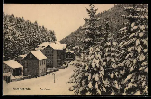 AK Friedrichroda, Der Grund, verschneite Häuser und Wald