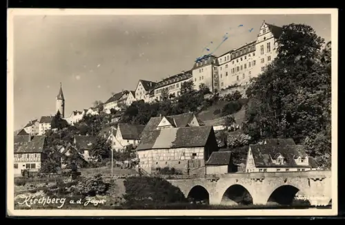 AK Kirchberg a.d. Jagst, Ortspanorama mit Brücke