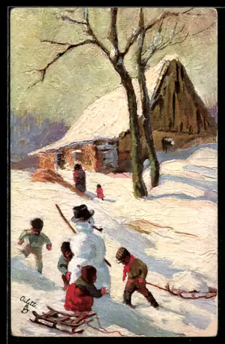 Künstler-AK Kinder mit Schlitten bauen einen Schneemann, Weihnachtsgruss